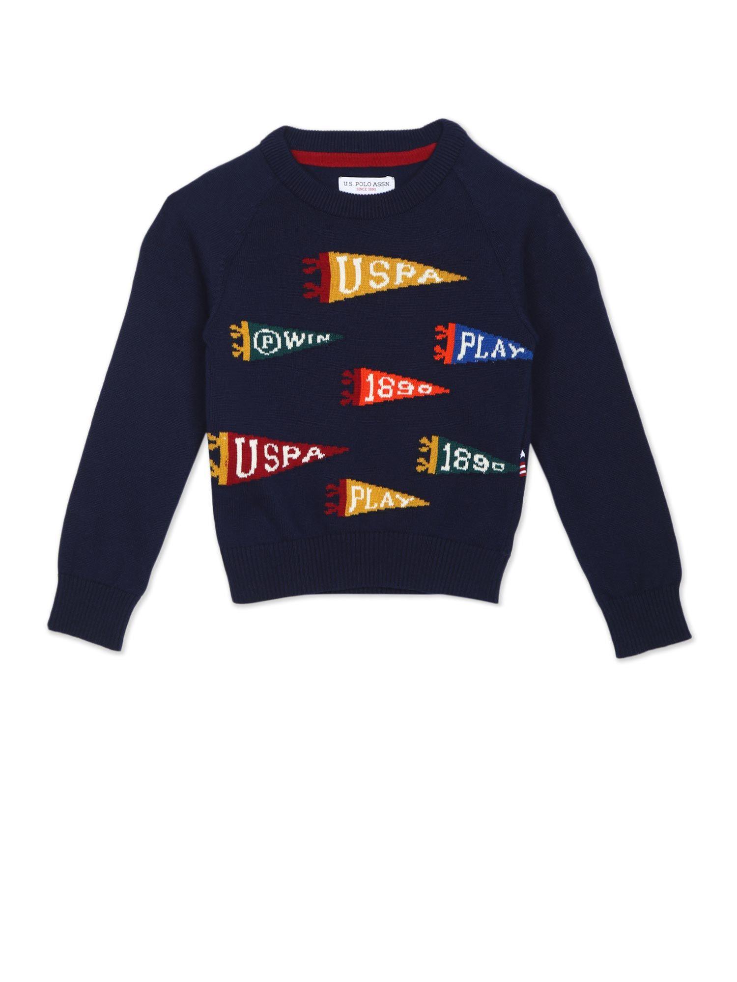 Boys Dark Blue Raglan Sleeve Brand Pattern Sweater
