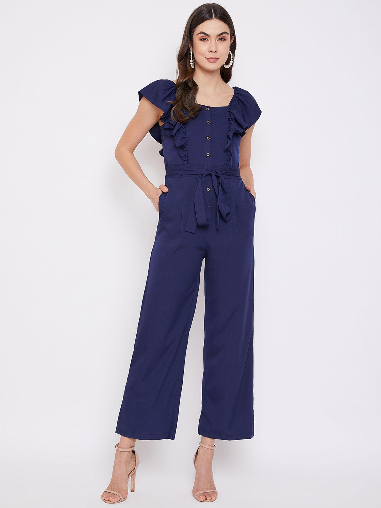 Women Crepe Printed Relaxed Fit Full Length Ruffle Jumpsuit Navy Blue