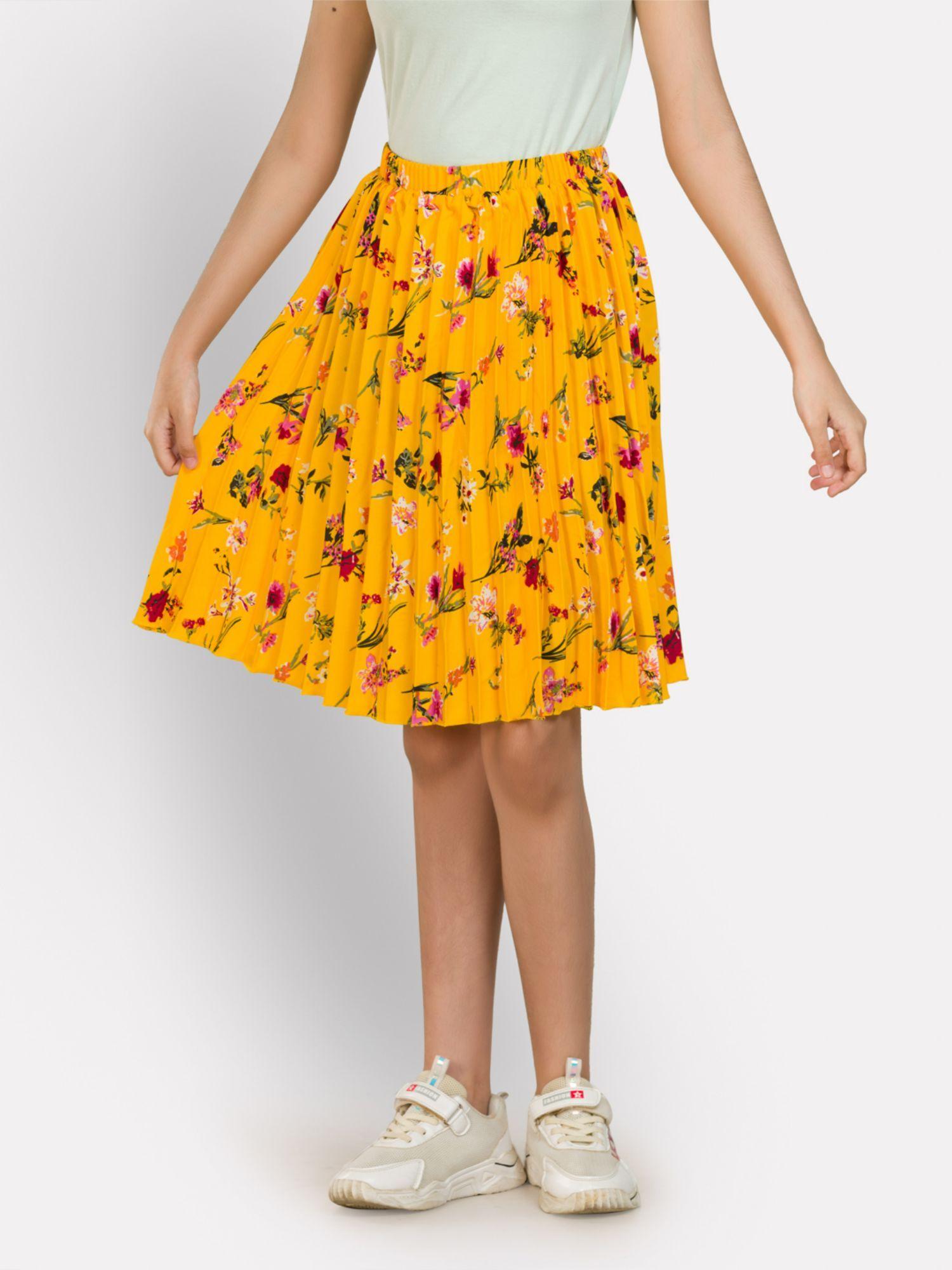 Girls Printed Pleated Midi Skirt Yellow