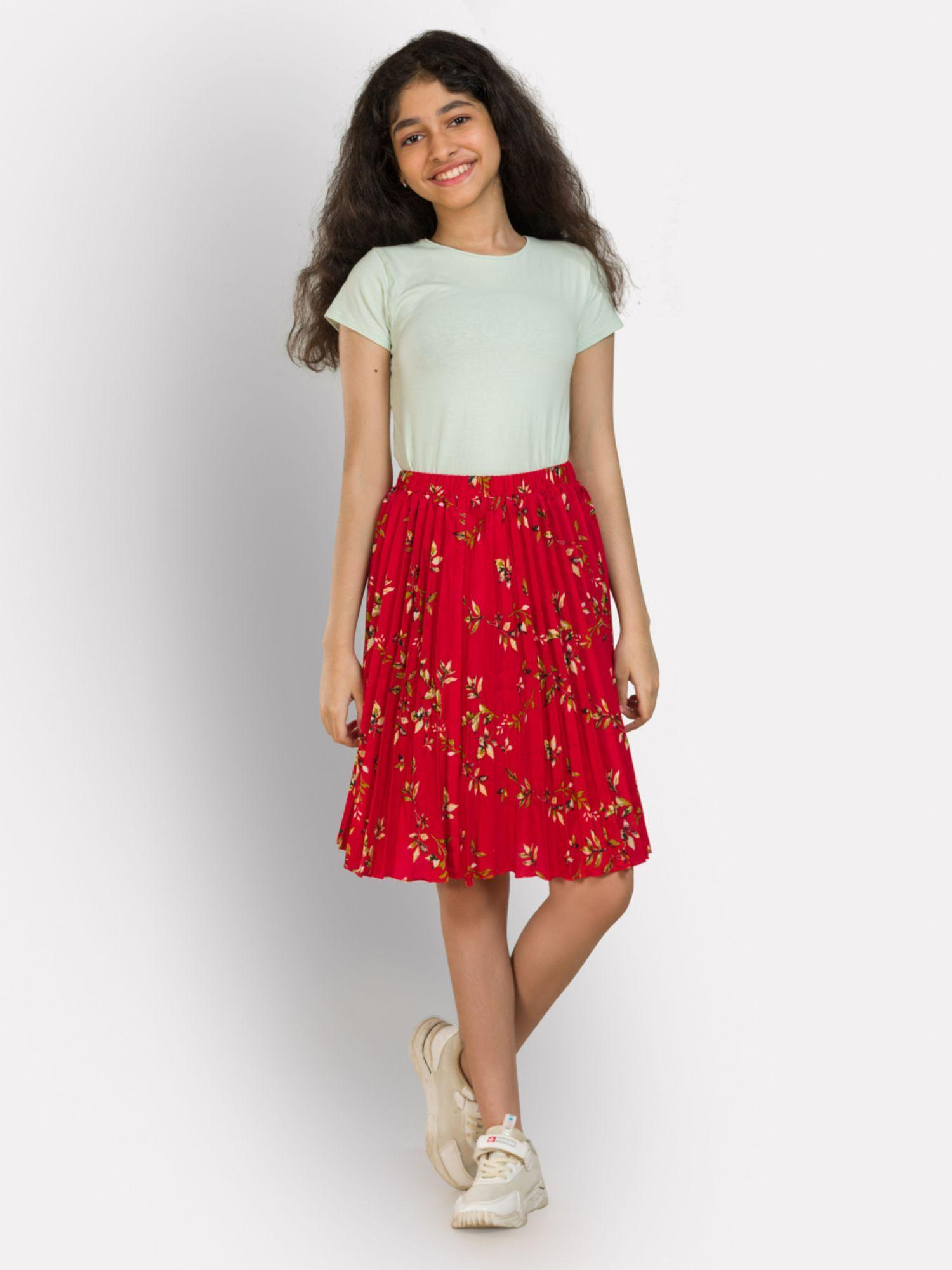 Girls Printed Pleated Midi Skirt Red
