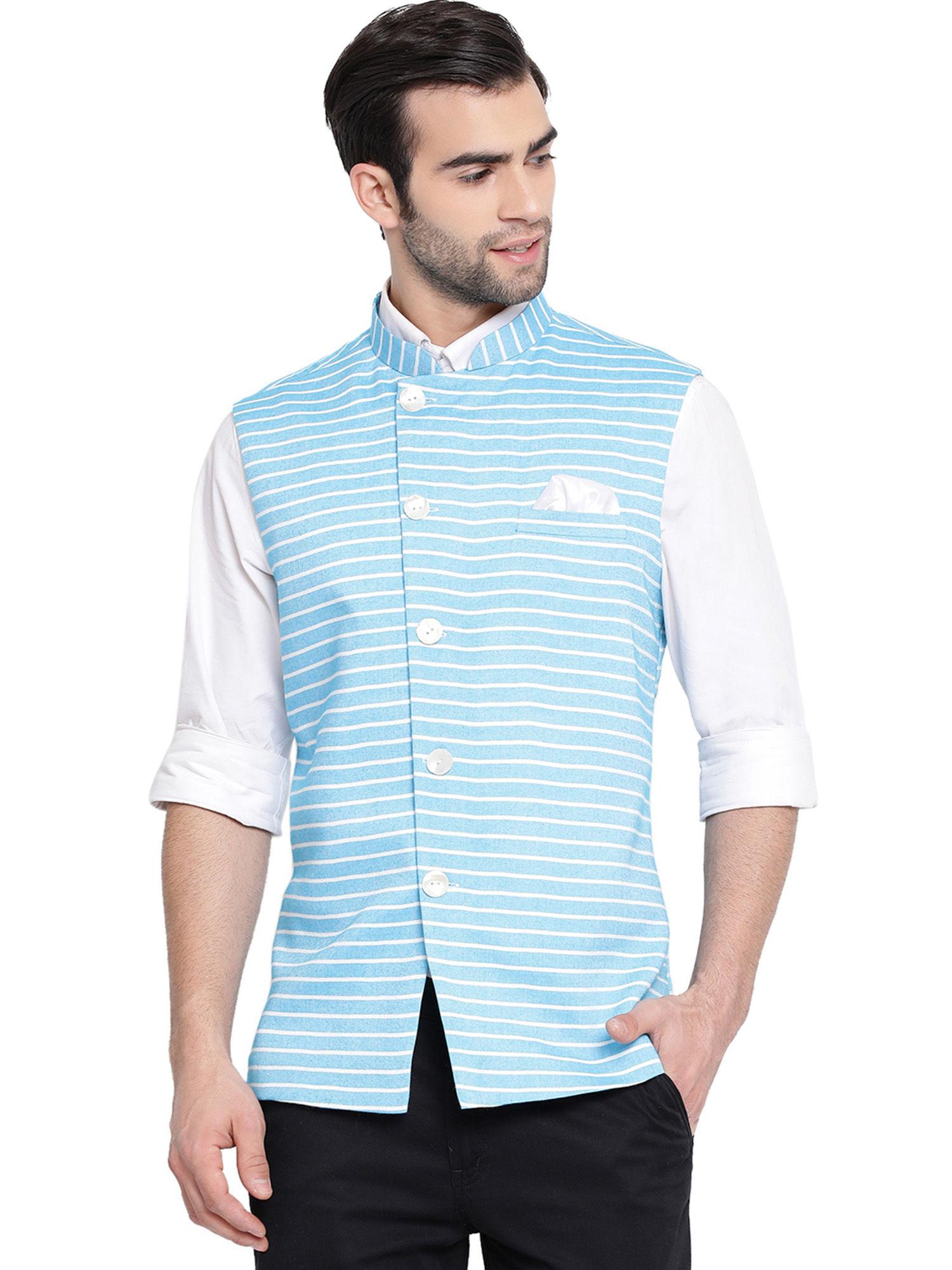 men-blue-cotton-blend-nehru-jacket
