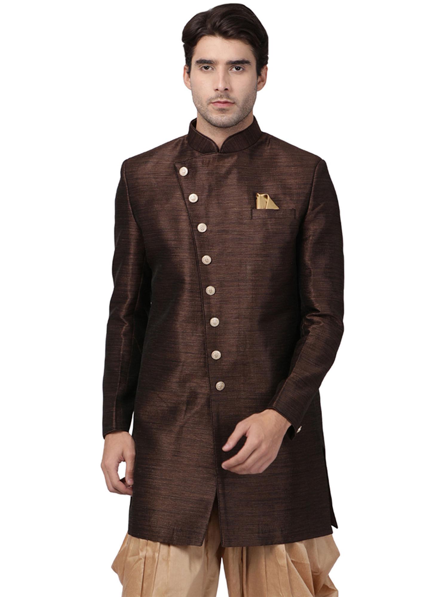 Men Brown Cotton Silk Sherwani Only Top