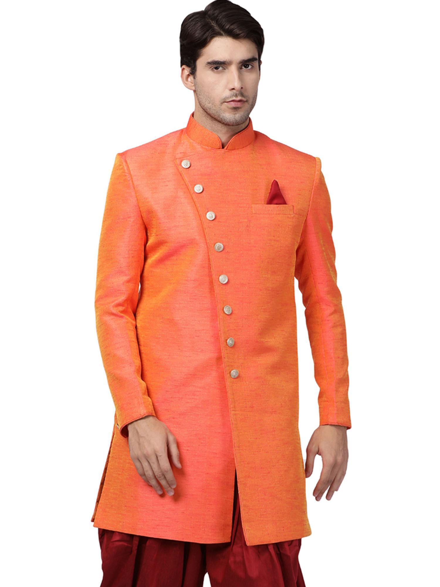 Men Orange Cotton Silk Sherwani Only Top