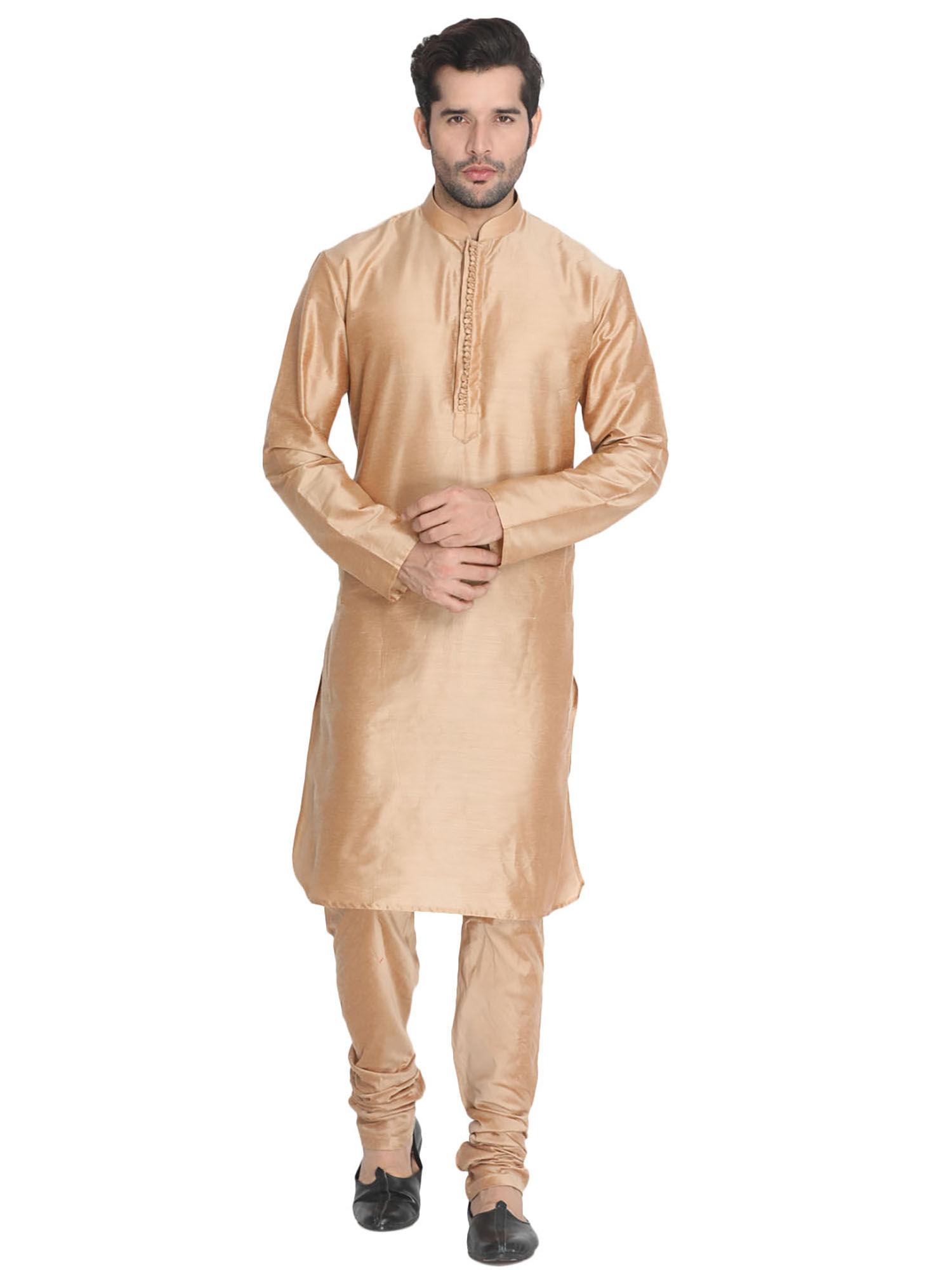 mens-gold-cotton-blend-kurta-pyjama-(set-of-3)