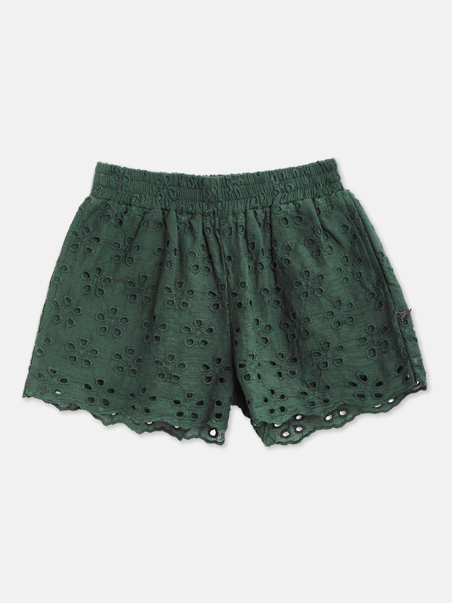 Green Embroidered Schiffli Playful Shorts
