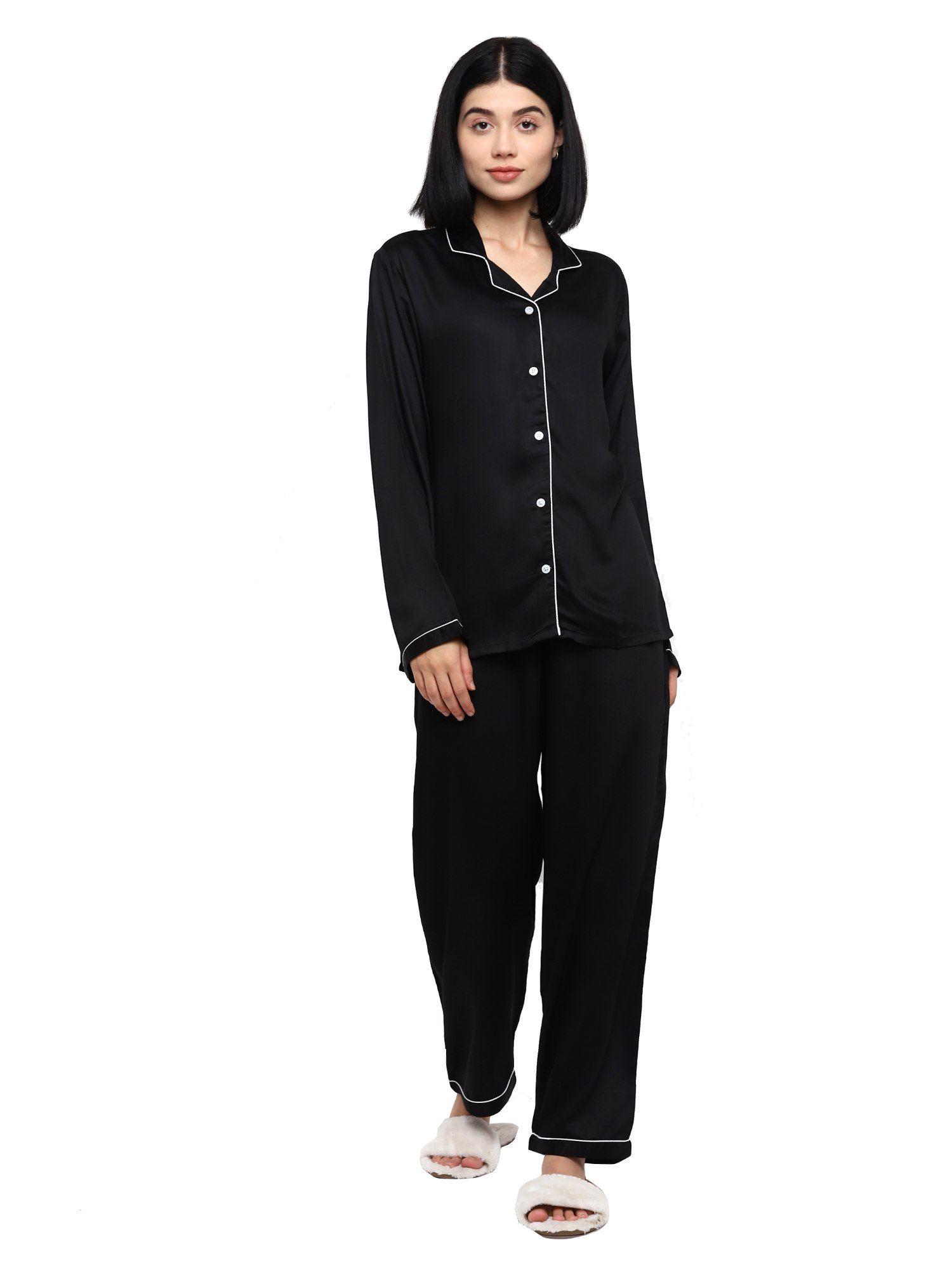 Ultra Soft Black Modal Satin Long Sleeve Women's Night Suit |Lounge Wear
