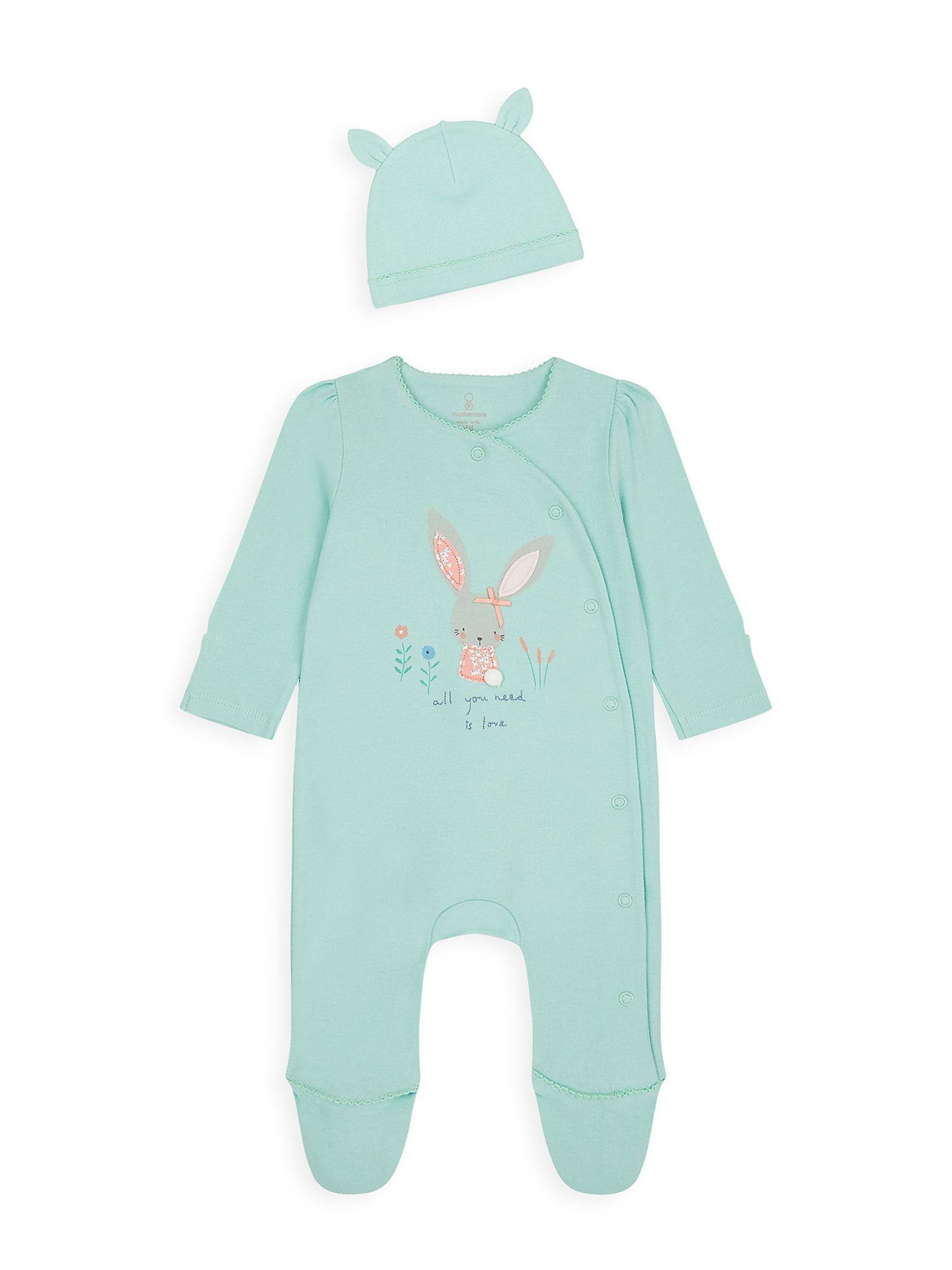 Girls Full Sleeves Bunny Patch Work Romper With Cap