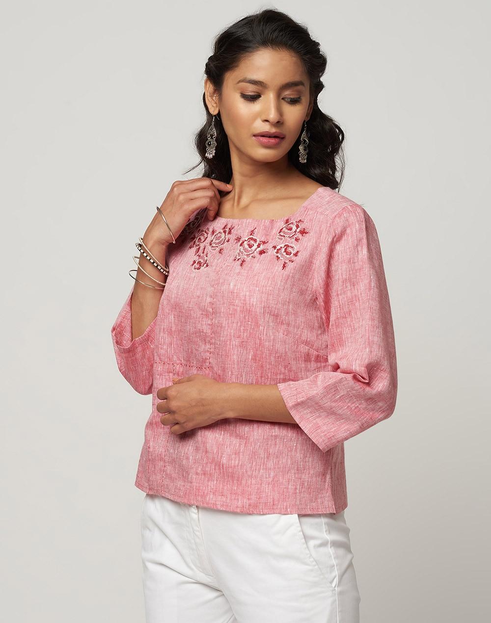Linen Chambray Embroidered Top