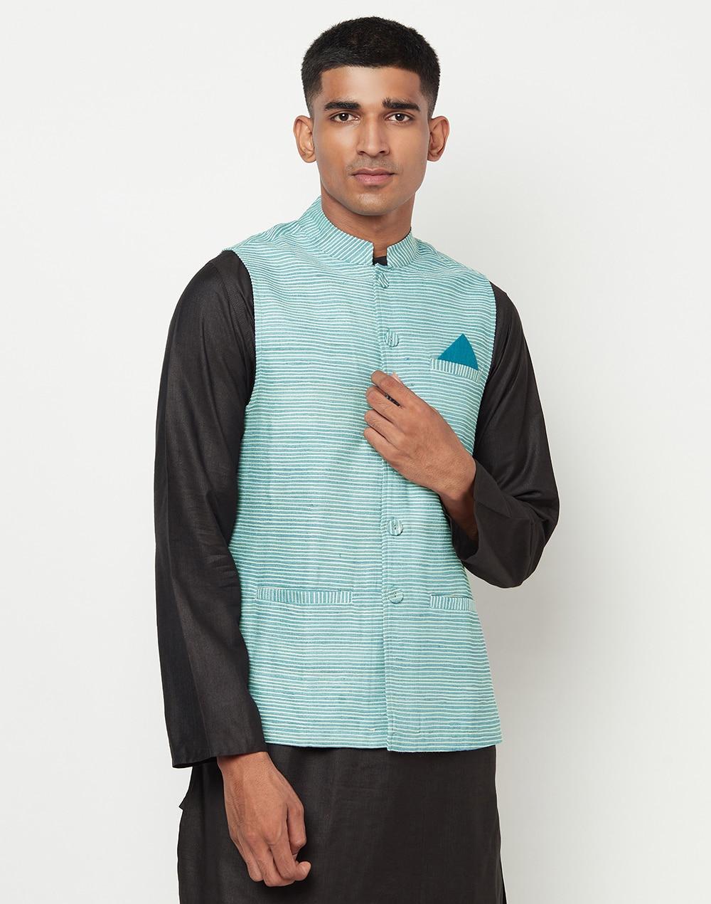 Silk Tussar Striped Nehru Jacket