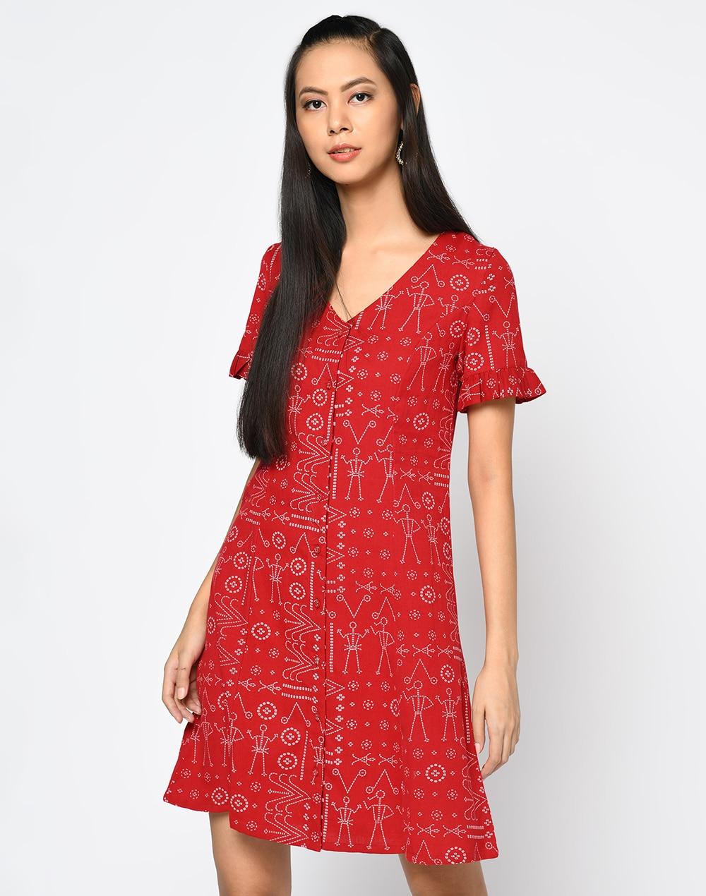 fabnu-red-cotton-linen-flax-printed-dress