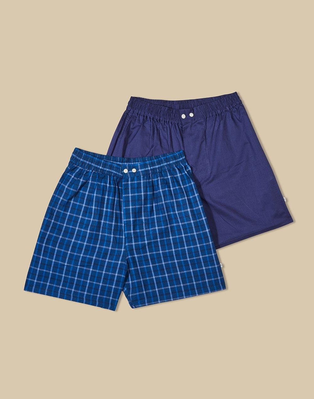 Blue Cotton Full Elasticated Boxer Shorts Pack Of 2