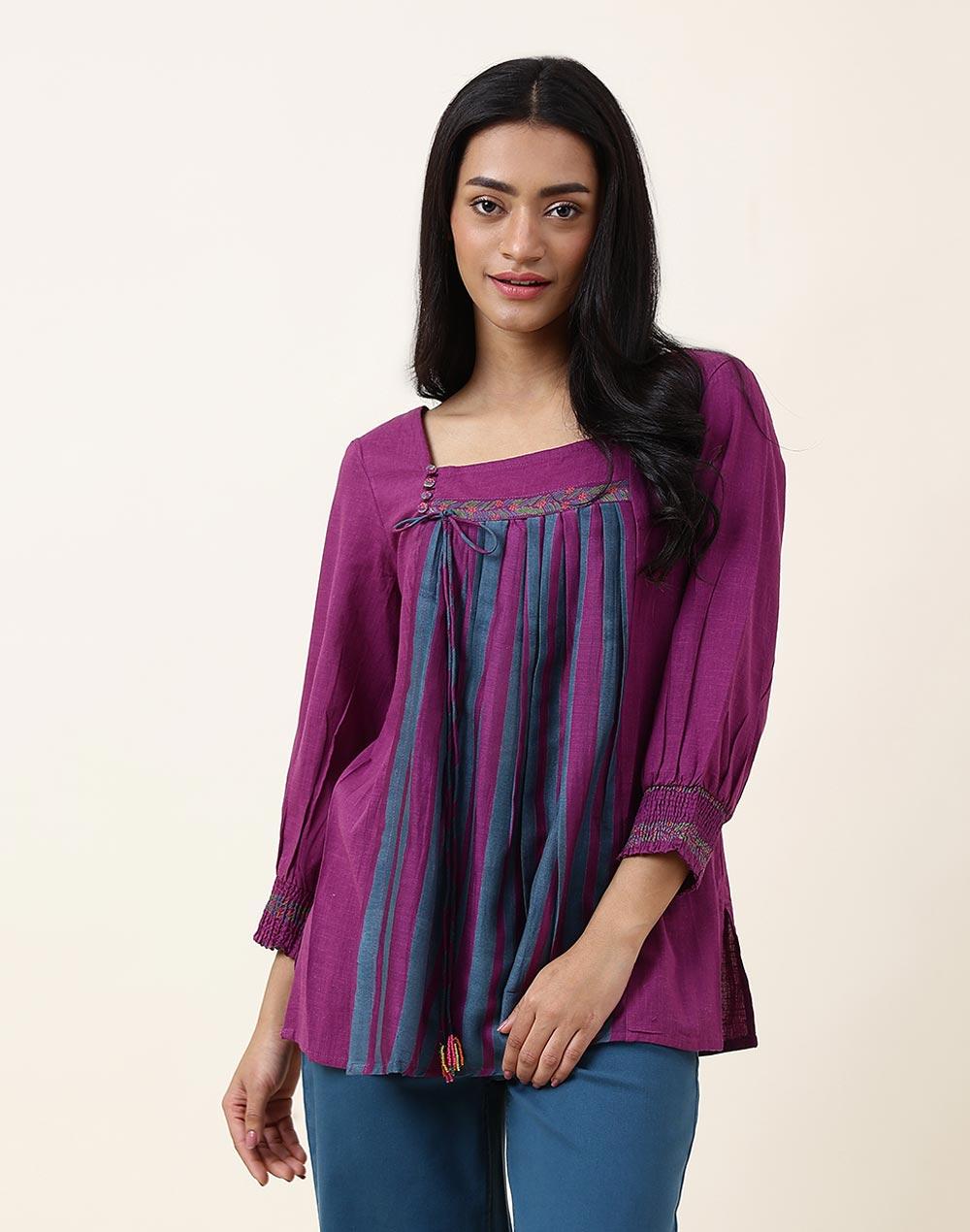 nuindian-purple-cotton-printed-slim-fit-short-kurta