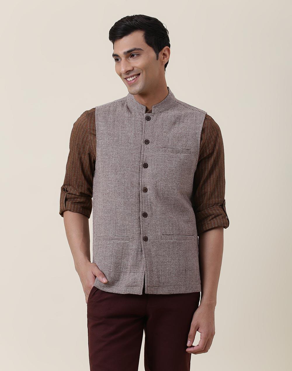 Brown Wool Woven Nehru Jacket