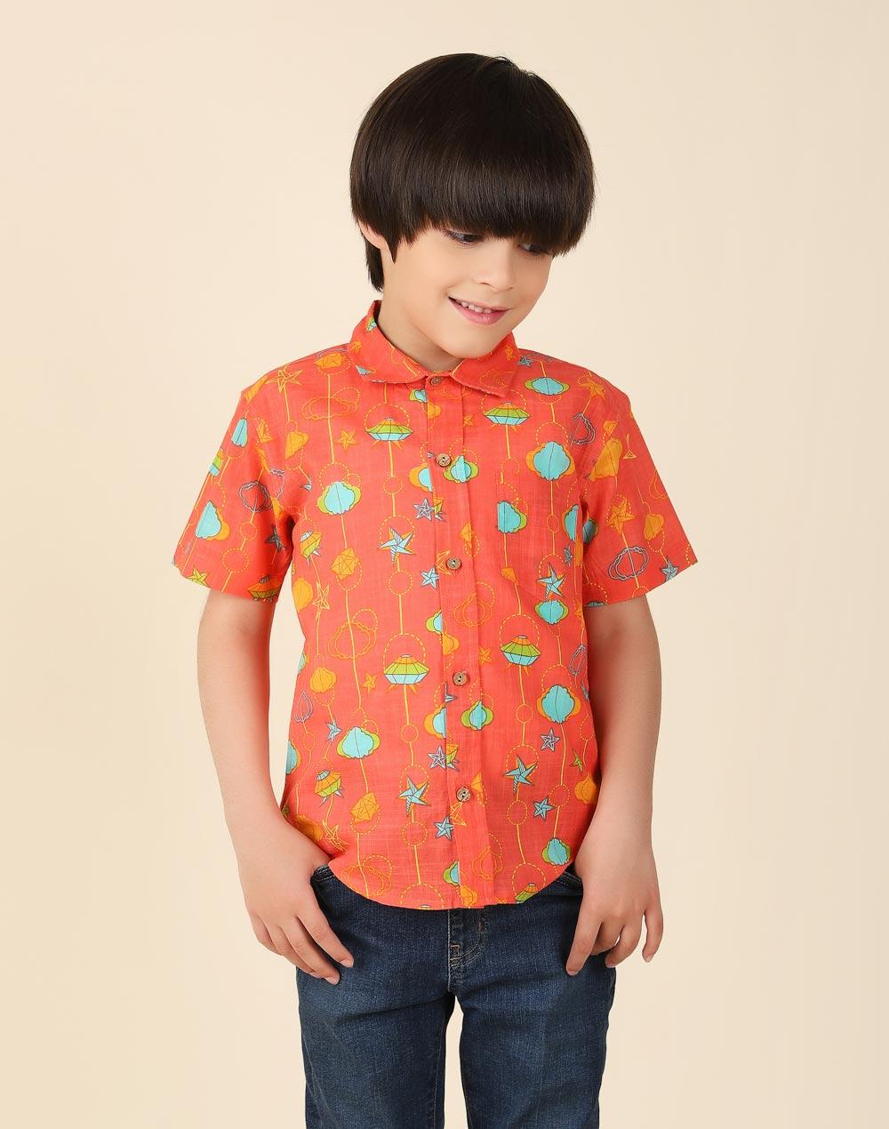 Orange Cotton Printed Shirt