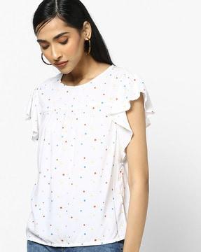 Printed Top with Ruffled Sleeves