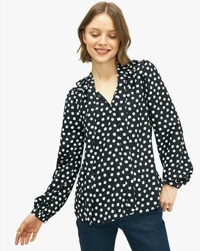 Polka-Dot Print Blouse with Neck Tie-Up