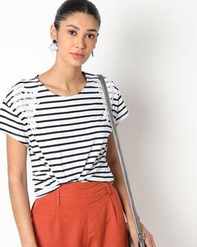 Striped Crew-Neck T-shirt with Lace Inserts