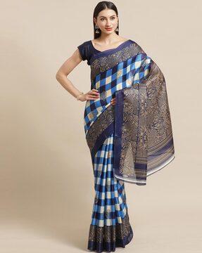Checked Printed Saree with Unstitched Blouse