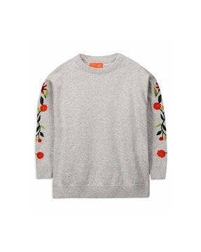 Round-Neck Pullover with Embroidered Sleeves