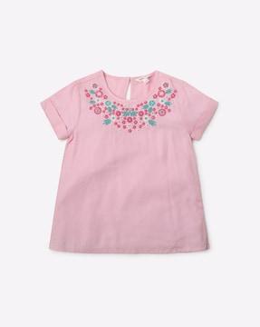 Floral Embroidered Top with Upturned Sleeve Hems