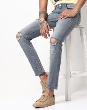 Mid-Wash Slim Fit Distressed Jeans