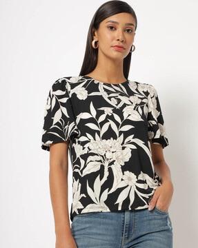 Floral Print Crew-Neck T-shirt with Flared Sleeves