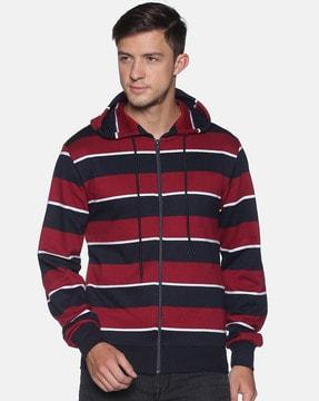 Striped Hooded Sweatshirt with Zipper Closure