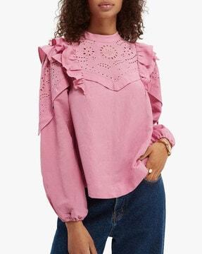 High-Neck Top with Schiffli-Embroidered Yoke