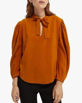 Woven High-Neck Top with Pleated Bishop Sleeves