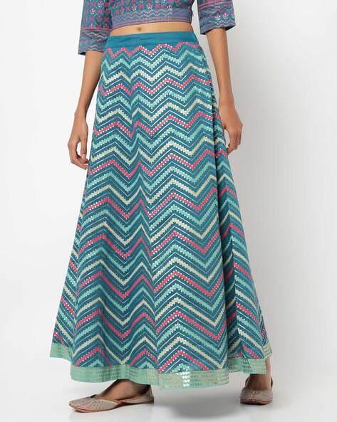 Chevron Print Flared Skirt with Embellished Hemline