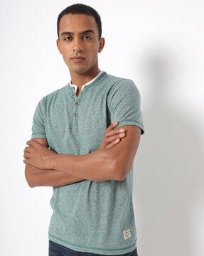 Textured Henley T-shirt with Contrast Insert