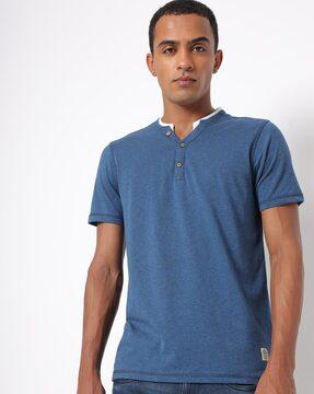 Textured Henley T-shirt with Contrast Insert