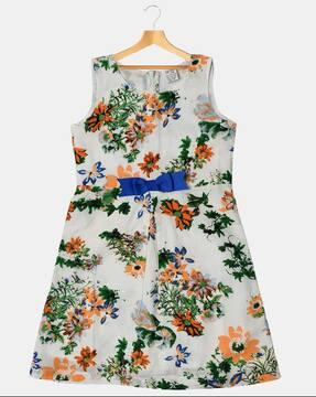 Floral Print A-line Dress with Bow Accent