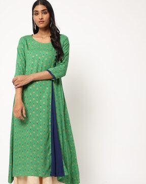 Floral Print A-line Kurta with Contrast Panel
