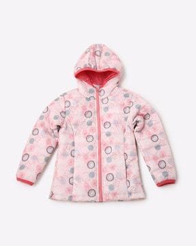 Graphic Print Zip-Front Puffer Jacket with Hood