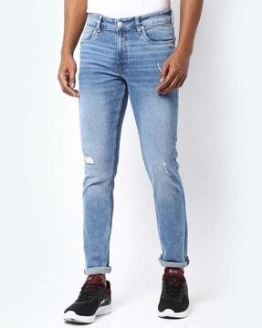 Washed Distressed Slim Fit Jeans with Whiskers
