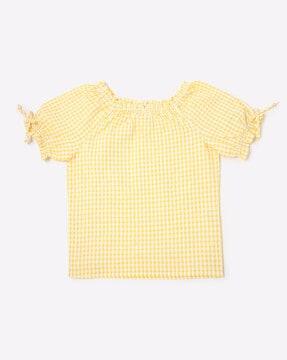 Checked Off-Shoulder Top with Raglan Sleeves