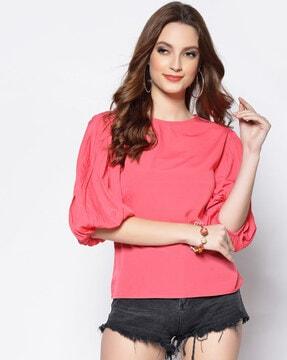 Crepe Top with Puff Sleeves