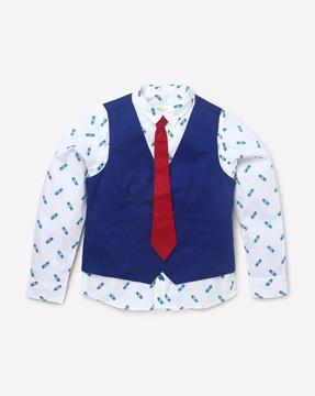 Printed Shirt with Waist Coat & Tie