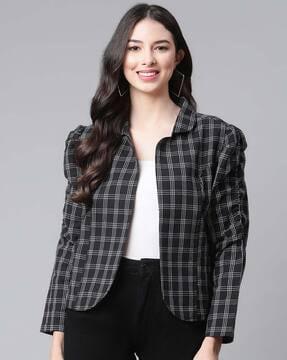 Checked Front-Open Jacket with Puff Sleeves