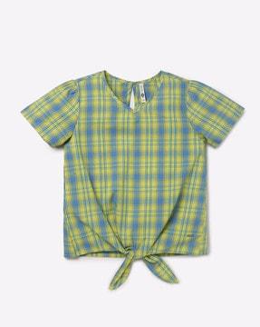 Checked V-Neck Top with Tie-Up