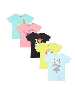 Girls Assorted Round Neck Graphic Print T-Shirt - Pack Of 5