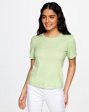 Ribbed Round-Neck Top with Puff Sleeves