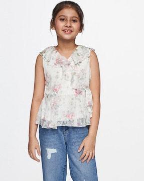 Floral Print Wrap Top with Ruffled Overlay