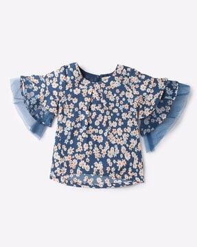 Floral Print Top with Ruffled Sleeve Hems