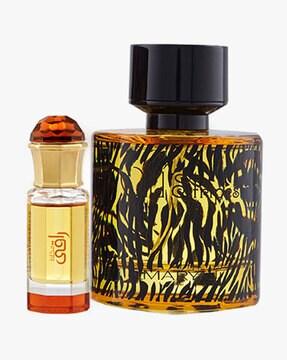 Mukhallat Raaqi Concentrated Perfume Oil Floral Fruity Alcohol-Free Attar For Unisex And Maryaj Wild Stripes Eau De Parfum Aromatic Oriental Perfume For Men + 2 Parfum Testers