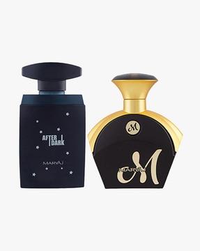 After Dark Eau De Parfum Woody Aromatic Perfume 100 ml For Men & M For Her Eau De Parfum Fruity Floral Perfume 90 ml For Women + 2 Parfum Testers