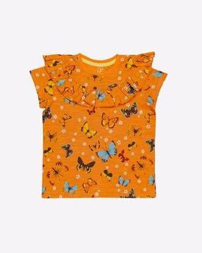 Butterfly Print Top with Ruffled Yoke