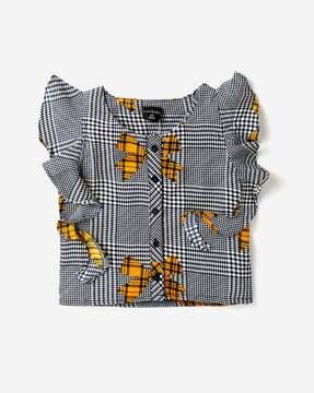 Checked Round-Neck Top with Ruffles