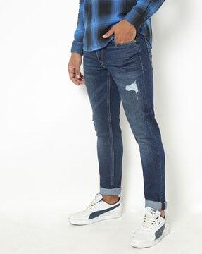 Mid-Wash Slim Fit Jeans with Distressing